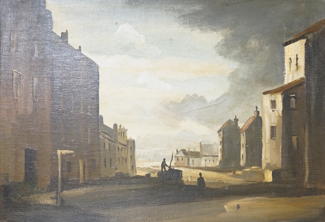 Philip Hugh Padwick, ROI RBA (1876-1958), Moody street scene, unsigned, oil on board, 34 x 49cm